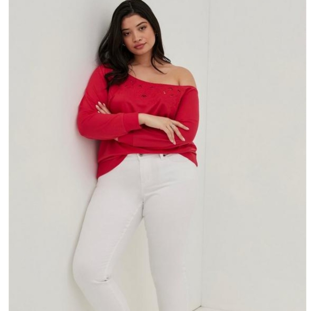 Torrid OFF-SHOULDER LT WEIGHT FRENCH TERRY EMBROIDERED SWEATSHIRT